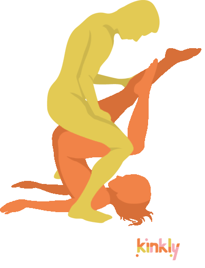 For the butter churner position the receiving partner lies on their back with their legs raised above and behind their head. The penetrating partner then squats and penetrates the receiving partner from above.