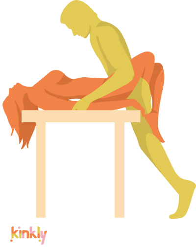 Desk Domination Position. The receiving partner lays down flat on a desk with their hips at the edge of the desk. The penetrating partner stands between the receiving partner's thighs and pushes inside. 