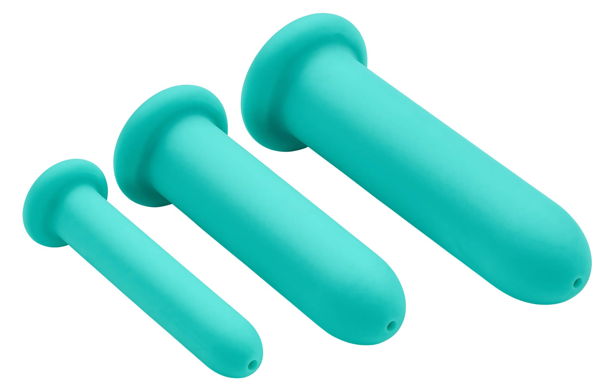 All of the dilators in the Cloud 9 Silicone Anal Dilator Kit and Vaginal Dilator Kit are laid on their side. You can see the flared base (which makes them safe for anal use!) as well as the hollow, open tip that works for the lubricant channel. | Kinkly Shop