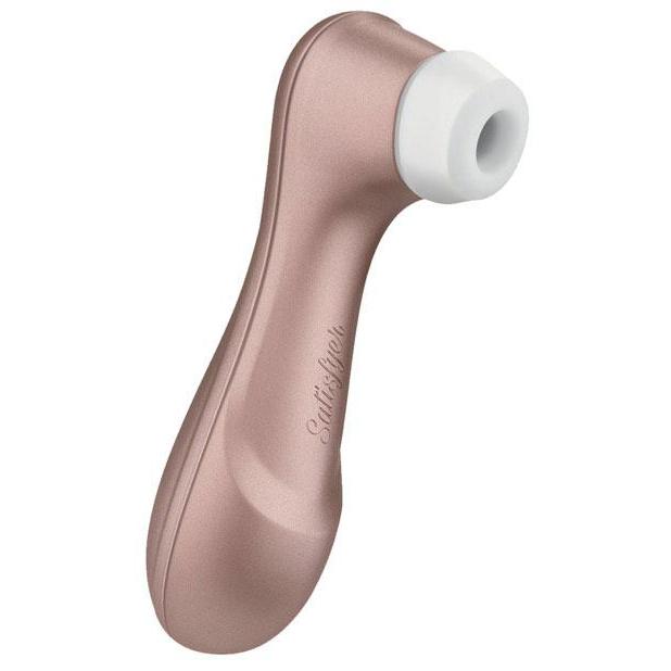 The Satisfyer Pro 2: A suction vibrator consisting of a long metallic pink handle and a white suction cup at the end for clitoral stimulation.