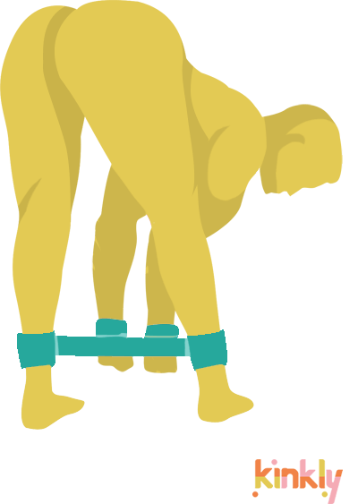 Bent Over Bondage Position. Person standing, bent over with wrists bound to ankles.