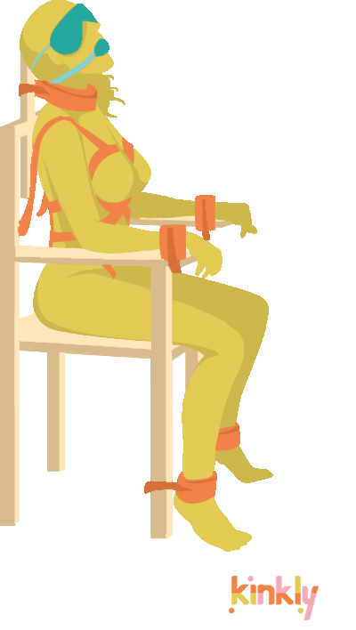 Chair Bondage Sex Position: Person sitting in a chair is bound by ankles, wrist and throat and is wearing a blinfold and gag