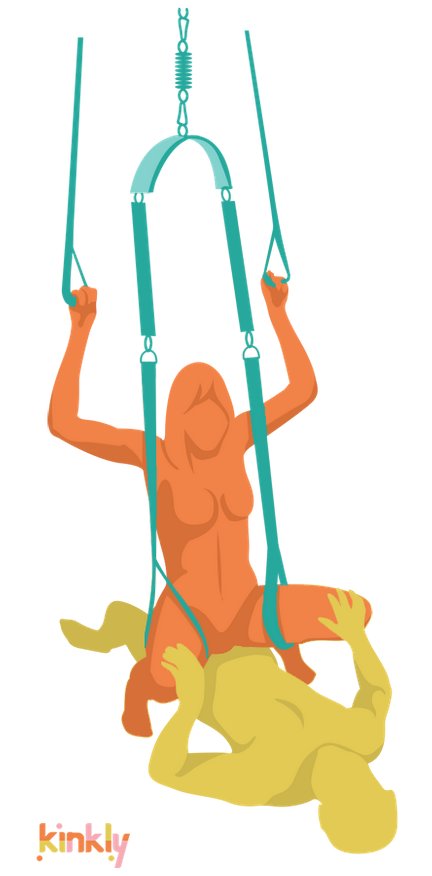 Swinging Cowgirl sex position. With the sex swing lowered near the sex surface, the penetrating partner lies down flat. The receiving partner then climbs on top like in the Cowgirl sex position while getting onto the swing. The swing provides support while on top for the receiver.