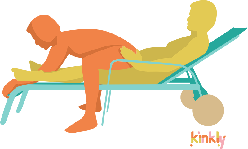 Bench player sex position. The penetrating partner is lounging, seated, on a chaise lounger. The receiving partner is sitting on top of the penetrating partner's lap, facing away from the receiver, bent over for penetration while seated. | Kinkly