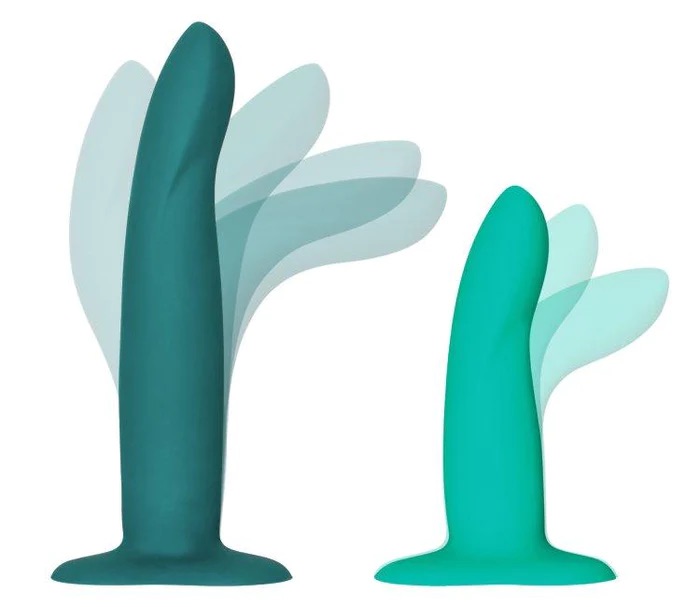 Fun Factory Limba Flex: A larger dildo on the left and a smaller dildo on the right, with silhouettes surrounding each to demonstrate their capability to bend.