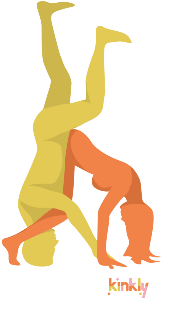 diagram of the cartwheel sex position - the giver stands on their head, appearing as if about to do a cartwheel. The receiver bends over in front of their partner, allowing them to insert their penis