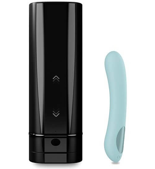 KIIROO Pearl2+ vibrator leaning up against the KIIROO Onyx+ penis stroker sleeve | Kinkly Shop