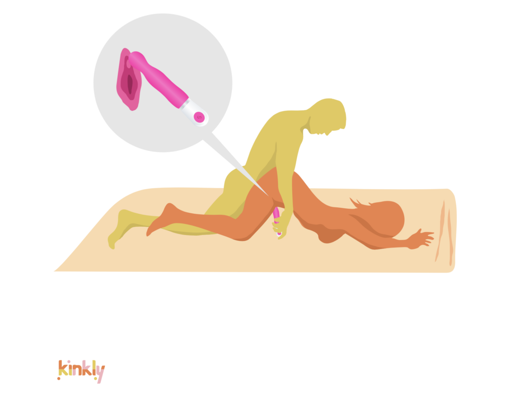 Flat Doggy sex position illustration. The receiving partner is laying face-down on the ground. They are pushing their butt high in the air, lifting their hips away from the ground. The penetrating partner is kneeling behind the receiving partner, in-between the receiver's legs, to penetrate from behind. The penetrating partner is holding a vibrator against the receiver's clitoris. | Kinkly