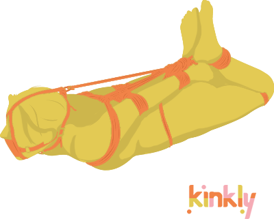 Hogtie sex position. The bound person is laying face down on their stomach. Rope is fastening their wrists to their ankles behind their back. | Kinkly