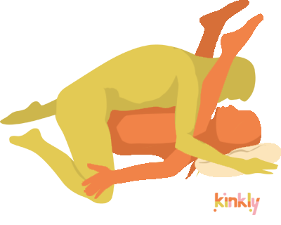 Pancake with a Pillow Position. The receptive partner is laying down on their back, bent in half, with their ankles in line with their face. They have a pillow under their head. The penetrating partner climbs on top to penetrate.