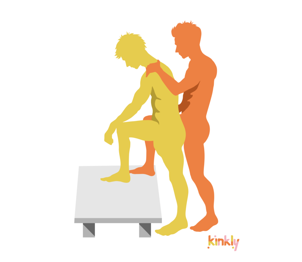 Plunge dive position: The receiving partner stands with one foot on a low but elevated surface such as a coffee table. The penetrating partner stands behind them, also with one foot on the elevated surface.