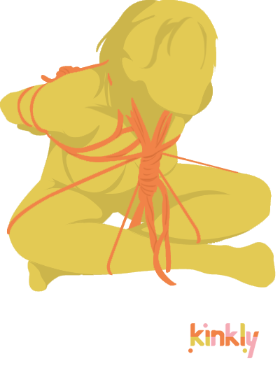 Shrimp Tie Bondage Position. A person is bent over, sitting with their legs crossed, while rope connects their neck to their ankles. This rope is pulled tight to force the bound person into a deep bend. 