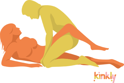 Pretzel dip sex position. The receiving partner lays on their side with one leg in the air. The penetrating partner straddles the receiver's non-airbourne leg, letting the airbourne leg rest on their hip, to slide in and make penetration happen. | Kinkly