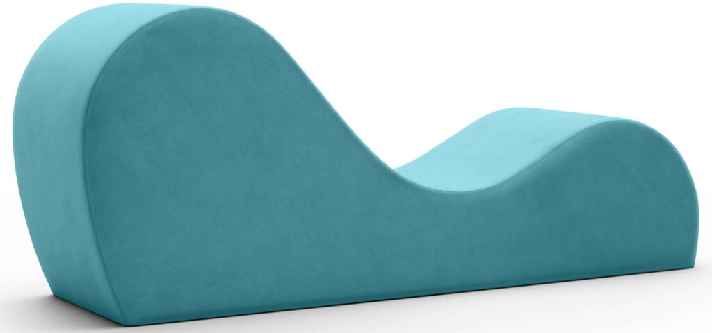 The Liberator Cello Chaise in Teal with the tallest swell closest to the camera. It looks like the tallest swell is about twice as tall as the shorter swell. | Kinkly Shop