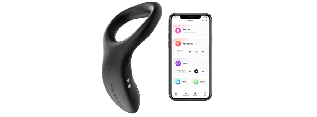 The Lovense Diamo Vibrating Cock Ring next to a cell phone opened to the Lovnese app to control the ring | Kinkly Shop