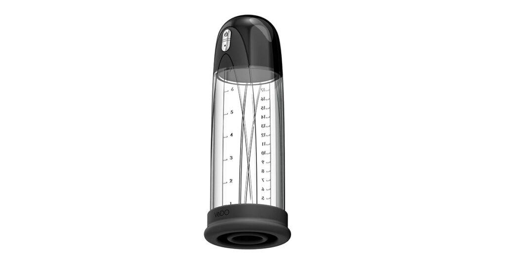 The VeDO Pump Rechargeable in front of a plain white background. The pump cylinder is clear, allowing you to see the measurements printed on the sides of the chamber for easy progress viewing. | Kinkly Shop