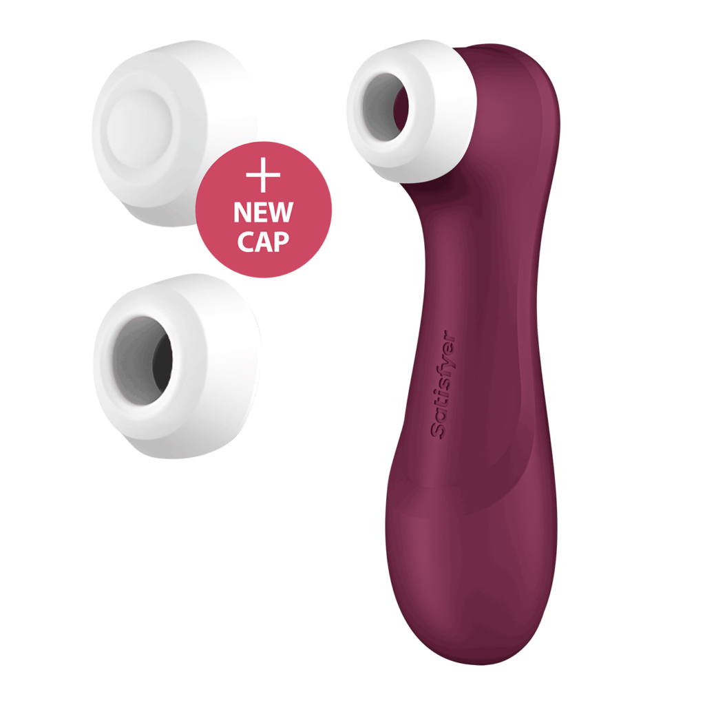 The Satisfyer Pro 2 - Generation 3 up against a white background. Next to it, two caps are displayed including a "sealed" additional tip that serves as a cover for the air suction hole. | Kinkly Shop