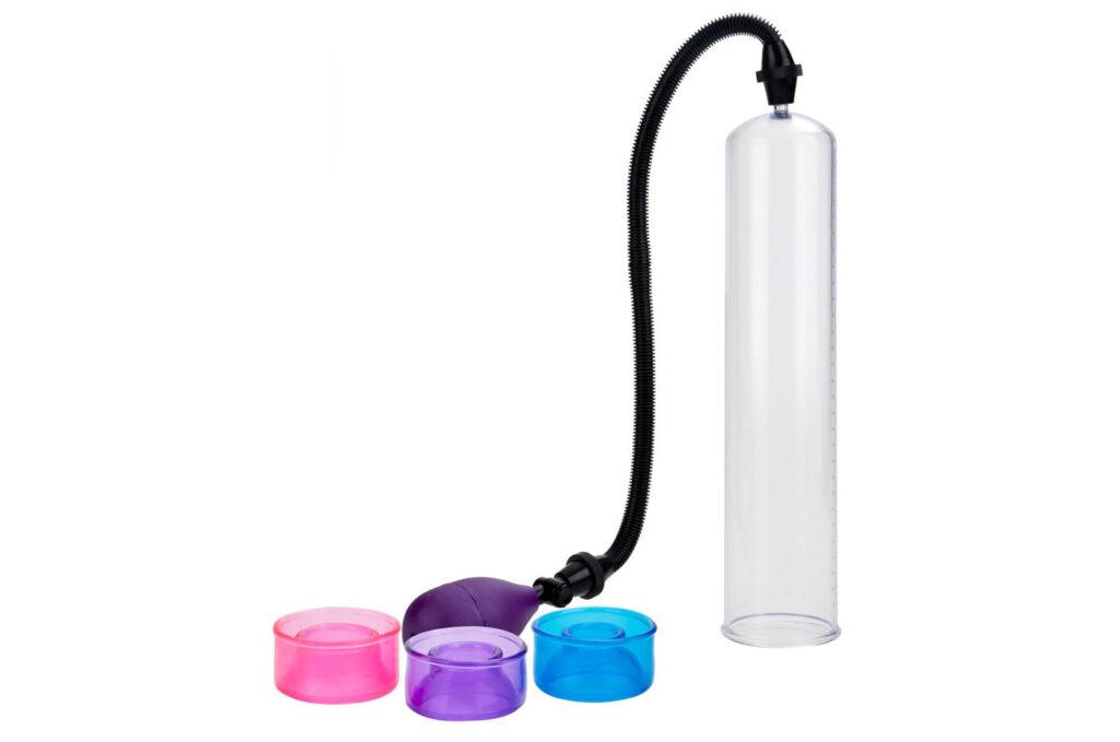The Big Man's Pump 12" penis pump is shown next to the 3 material seals for different sizes at the base of the pump. | Kinkly Shop
