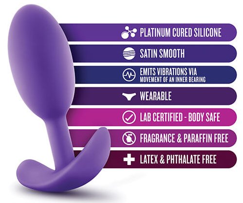 Blush Luxe Vibra Slim superimposed over a list of benefits that the sex toy has. Benefits written on the image include Platinum Cured Silicone, Satin Smooth, Emits Vibrations via Movement of an Inner Bearing, Wearable, Lab-Certified Body Safe, Fragrance & Paraffin Free, and Latex & Phthalate Free. | Kinkly Shop
