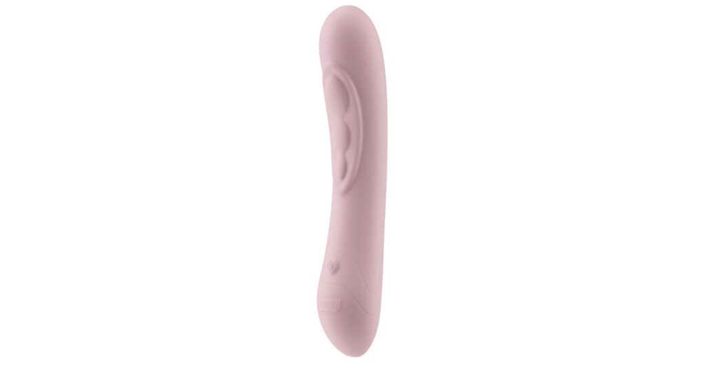 3/4ths angle on the vibrator. This showcases the power button near the base as well as the slightly curved design of the vibrator. The g-spot platform contouring near the upper half of the vibrator is very evident here. | Kinkly Shop