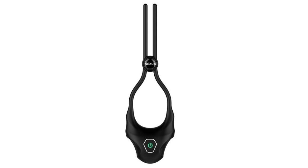Nexus Forge Lasso Vibrating Ring up against a white background. There's a single green-backlit power button on the base of the Nexus Forge Lasso Vibrating Ring. | Kinkly Shop