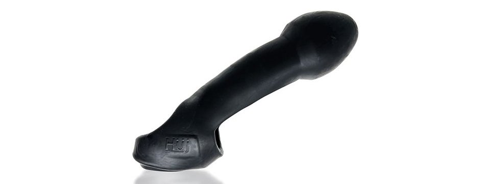 Side view of the Oxballs Double Thruster up against a white background. The head of the dildo is pronounced with a thinner shaft to fit alongside a biological penis. It is in a jet black, midnight color. | Kinkly Shop