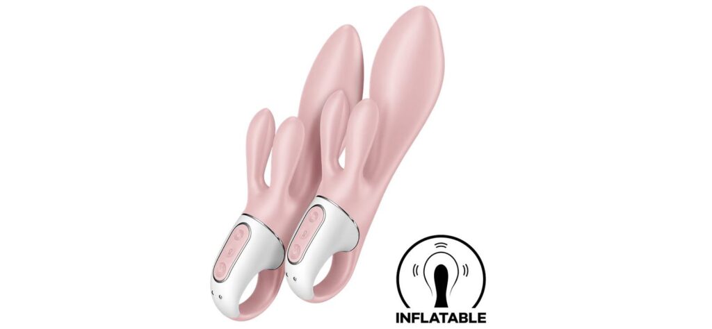 Two Satisfyer Air Pump Bunny 3 vibrators shown next to one another. The one on the left is fully deflated. The one on the right is fully inflated. Icon and text on the image reads "Inflatable" | kinkly Shop