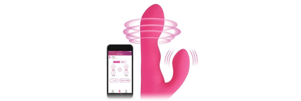 The Lovense Nora with illustrations superimposed over top of it. These illustrations show that the tip rotates while the clitoral arm vibrates. A cell phone is pictured nearby controlling the vibrator. | Kinkly Shop