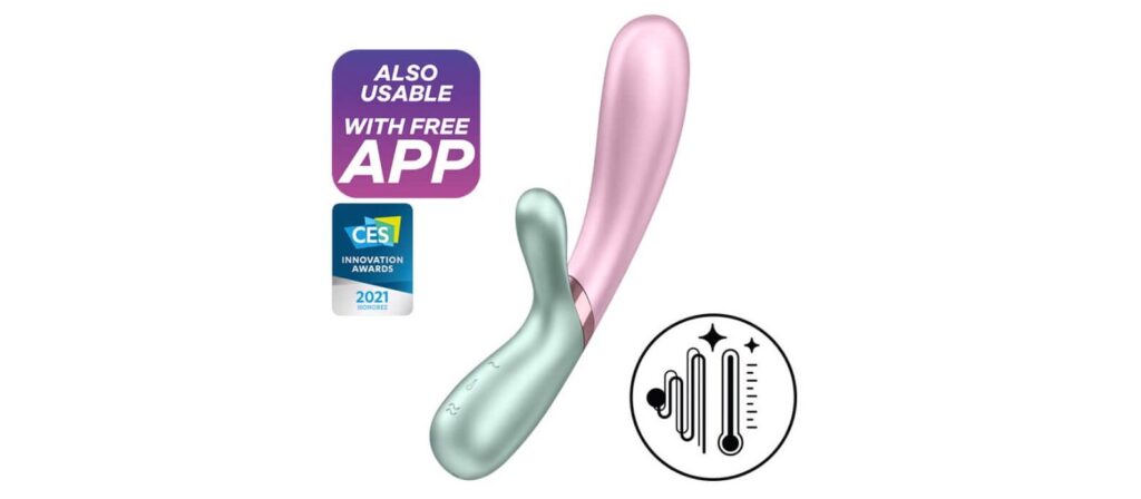 Satisfyer Hot Lover rabbit vibrator. Around it are various badges to display functionalities of the toy. One bubble says "Also Usable with Free App". Another bubble says "CES Innovation Awards 2021 Honoree." A third bubble shows a thermostat to signify the preheating functionality. | Kinkly Shop